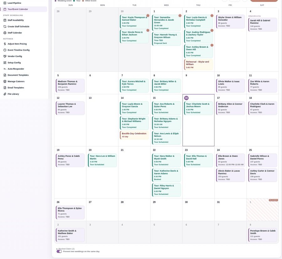 VPParadise tour and event calendar showing July 2026