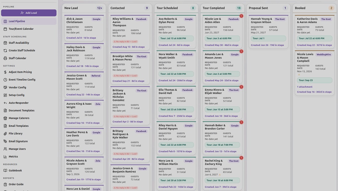 VPParadise pipeline board with lead stages from New Lead to Booked